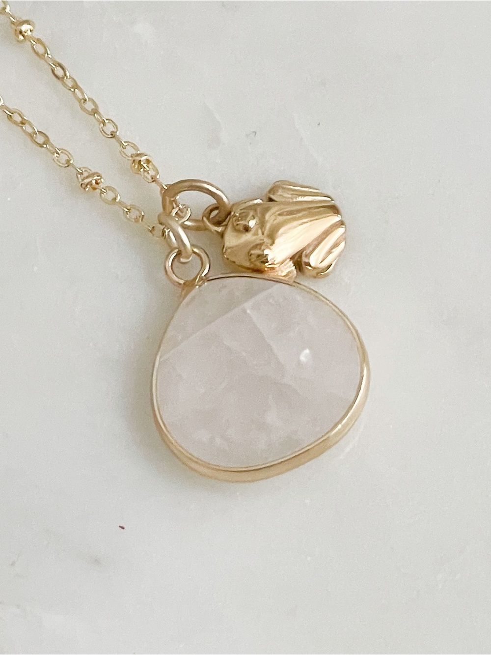 Gold Faceted quartz crystal frog charm necklace